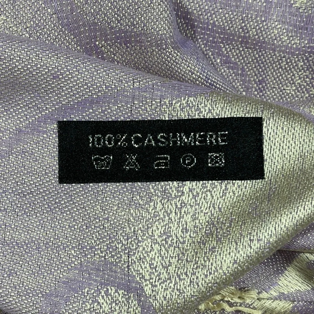 Womens Y2K 100% Cashmere Shawl Lavender Fairy Grunge Gold Jacquard Fringe Scarf